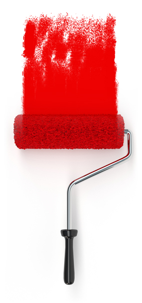 Malerrulle med rødt malingsstrøg på hvid baggrund